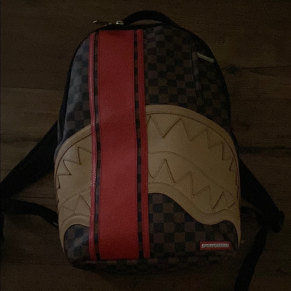 Sprayground Checkered Backpack with Red and Tan Accents